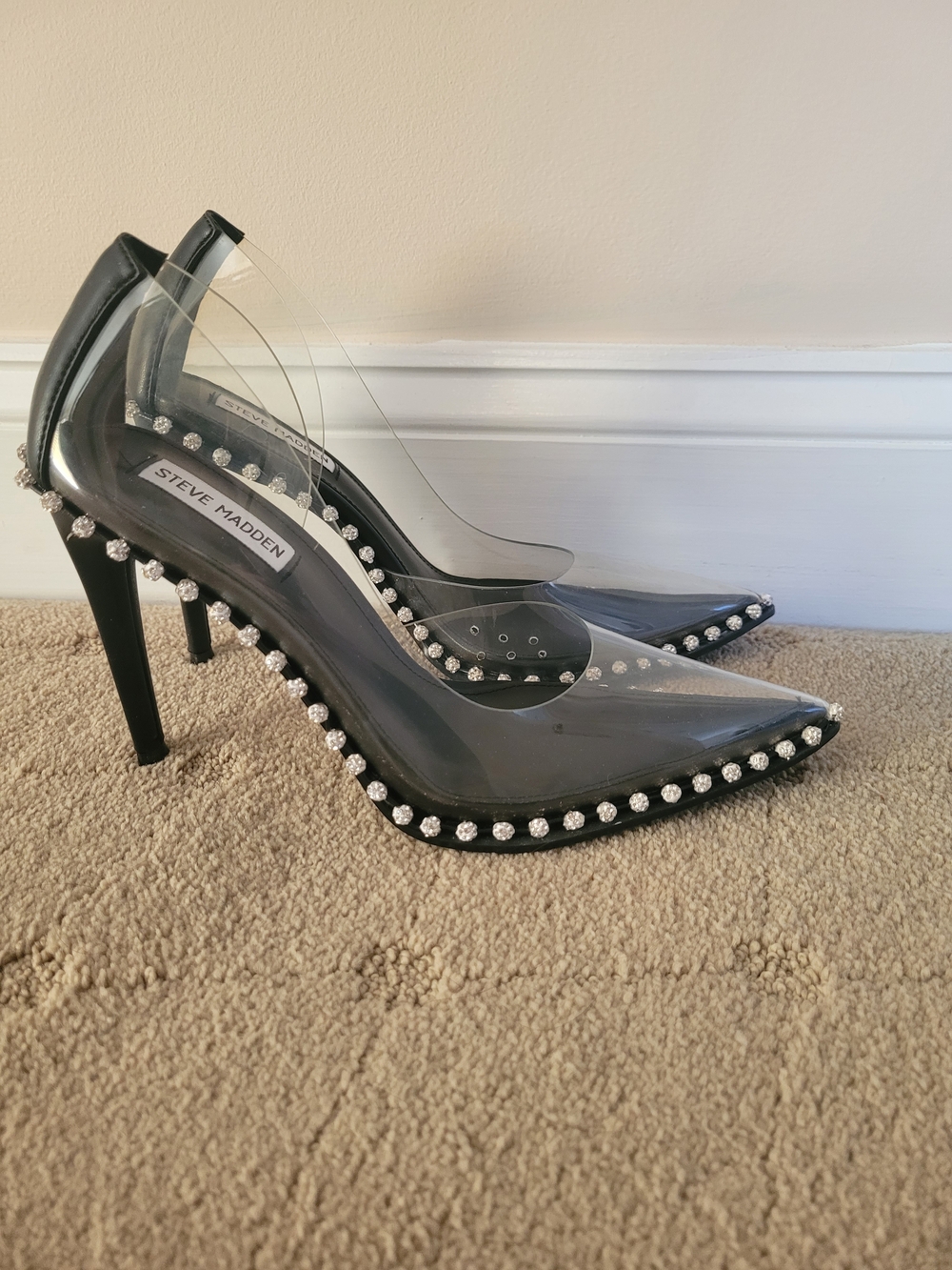 Steve Madden Clear PVC Pointed-Toe Pumps with Rhinestone Trim - Black
